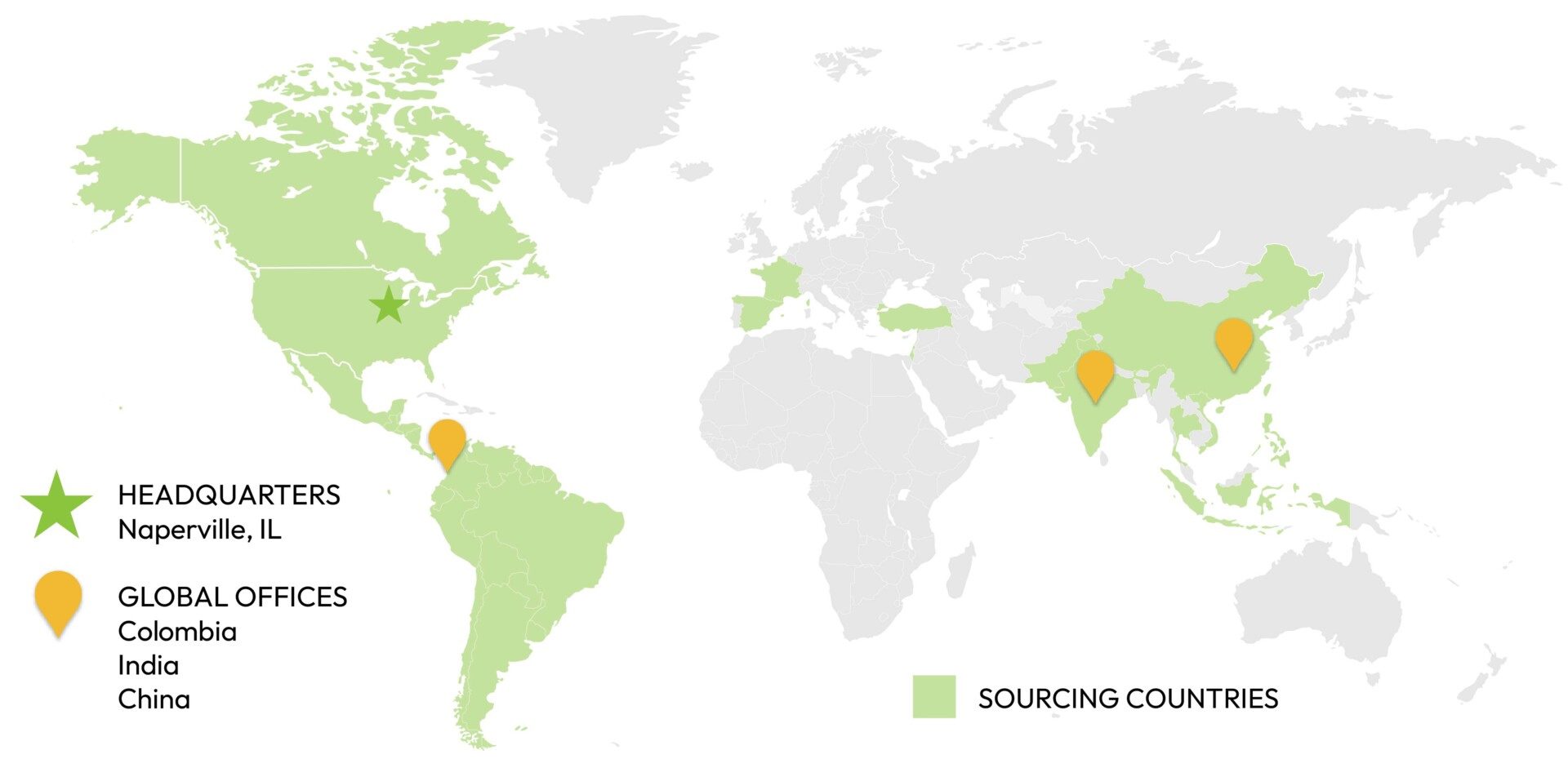 Global map showcasing Amerikoa Ingredients headquarters and international offices in key locations.